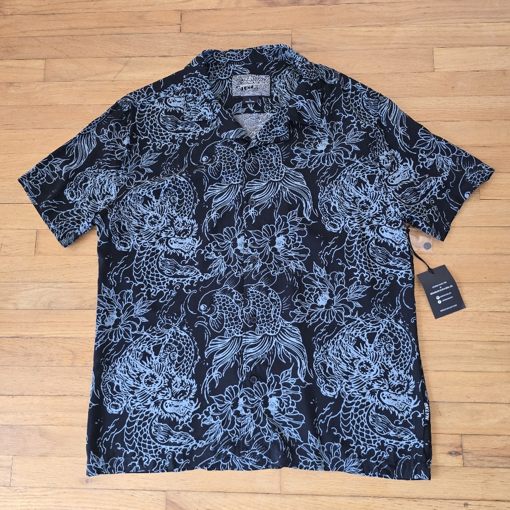Brooklyn Cloth Koi Dragons 100% Rayon Button-Down Black/Blue Shirt Size L